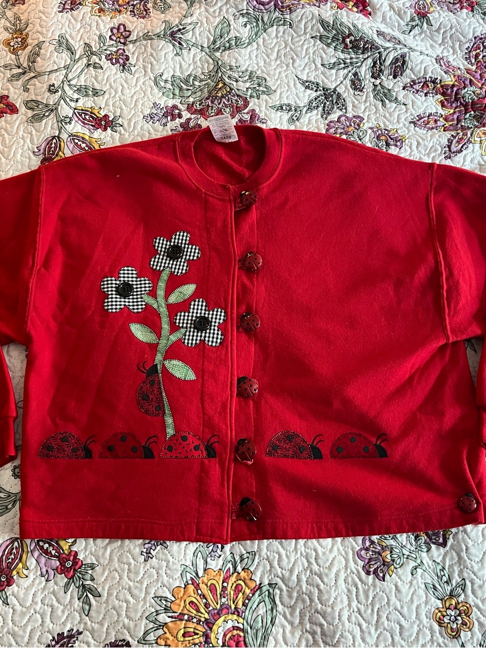 Vintage Womens Y2K Lady Bug Sweater Cardigan Button XL Red Jerzees Winter
